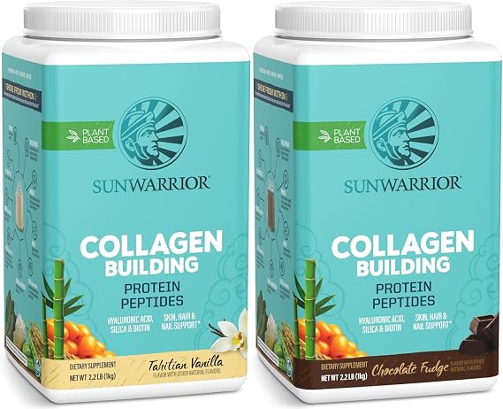 Sunwarrior Chocolate & Vanilla Vegan Collagen Protein Powder Set | Bundle & Save | Plant Based Collagen Booster | Non-GMO No Added Sugar Soy or Dairy (40 Servings Chocolate, 40 Servings Vanilla)