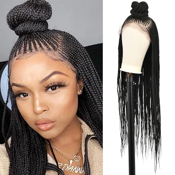 Beauart Brinbea 13X7 Lace Front Box Braided Wigs for Women Box Braid Wig with Baby Hair Black Synthetic Lace Frontal Updo Bun Cornrow Braids Wig 30"