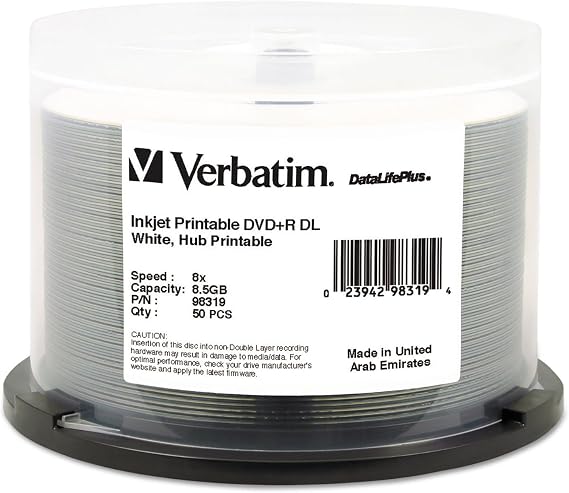 Verbatim DataLifePlus DVD+R DL 8.5GB 8X Hub Printable Discs, 50 Pack