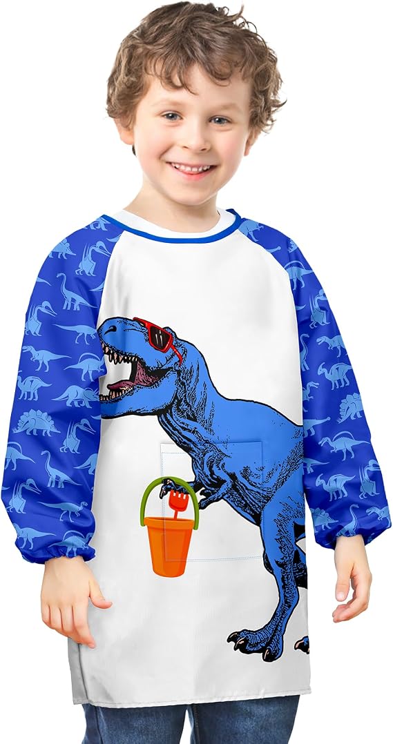 PASHOP Kids Art Smocks Unicorn Waterproof Painting Smock for Girls Boys Long Sleeve Knee Length Artist Smock with Pocket (Blue Dinosaur, 3-7 Years)