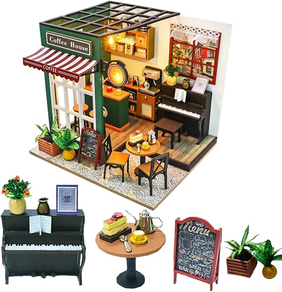 DIY Miniature Dollhouse Kit House Wooden Mini House Crafts DIY Model Kits Christmas Birthday Gifts for Friends (Afternoon Cafe-B)