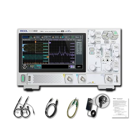 RIGOL Digital Oscilloscope DHO802 70 MHz 2-Ch + EXT Trig 1.25 GSa/s 12-bit 25 Mpts UltraAcquire 1,000,000 wfms/s 7" Touch LAN/USB/HDMI Web Control SCPI for Troubleshooting MCU CAN | 1.25 GSa/s, 7" HD Touchscreen, USB-C Powered Portable Oscilloscope for Professional Lab, Engineering & Hobbyists