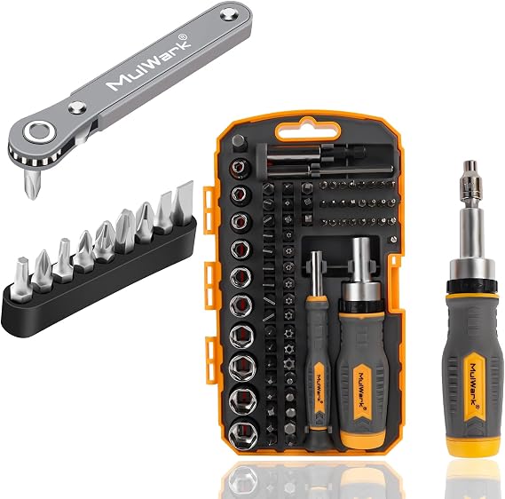 MULWARK Compact Tool Kit Bundle: 11pc Right Angle Screwdriver Set & 77pc Screwdriver Bits and Socket Set Versatile Ratchet Wrench & Complete DIY Tool Kit