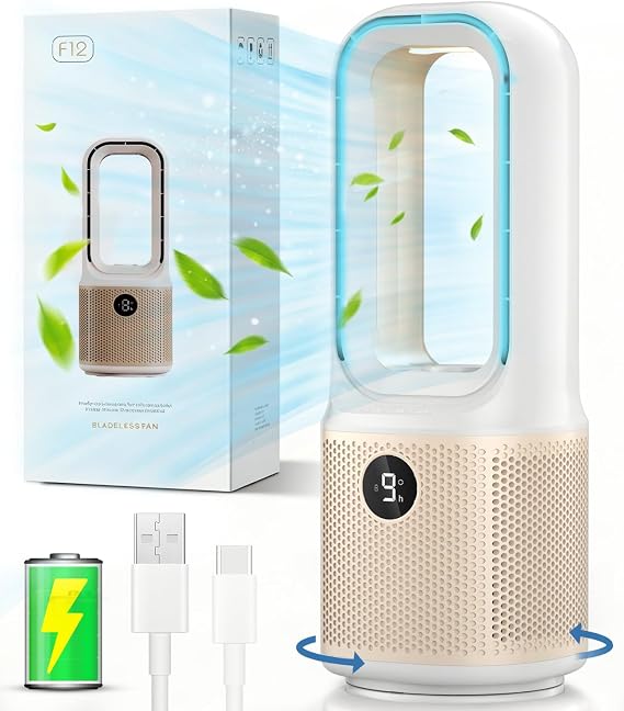 Small Bladeless Desk Fan Quiet, 14 Inch USB Rechargeable Table Fan with 5000mAh Battery, 60 Oscillating 9 Speeds Touch Control, 3 Light Modes, Mini Portable Fan for Office Bedroom Living Room