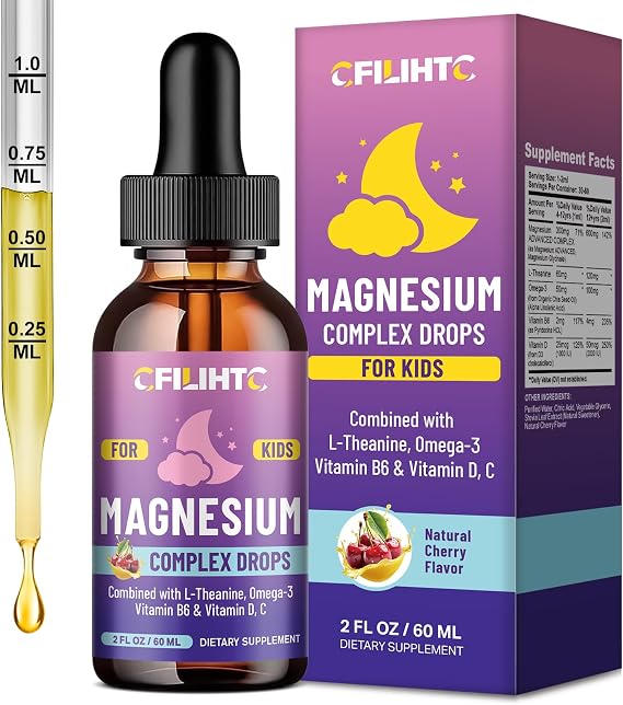 Kids Magnesium Liquid Drops-Magnesium Glycinate Liquid for Kids Supplement-w/L-theanine, Omega-3, Vitamin B6, D3 - for Sleep, Relaxation, Brain, Bones - Cherry Flavor, 2 Fl Oz