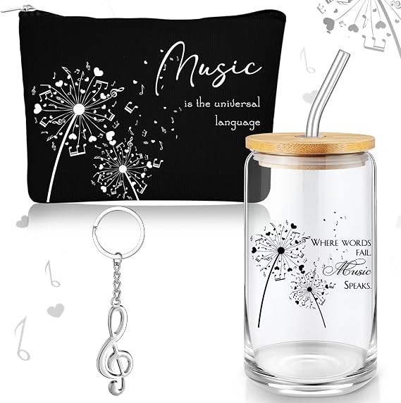 Sieral Music Lover Gifts for Women Music Teacher Gifts Glass Cup Musical Zipper Pouch Note Keychain for Woman Men Sister Daughter Musicians Educator Retirement School Office
