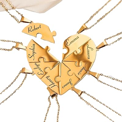 Friendship Puzzle Hearts - Personalized Heart Puzzle Name Necklace, BFF Friendship Puzzle Necklace 2345678 Pcs, Custom Best Friend Family Name Engrave Heart Puzzle Matching Pendant Necklaces
