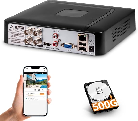 4 Channel CCTV Surveillance DVR with 500G HDD, 4 Ch 5MP H.265+ DVR Video Recorder for Analog/XVI/CVBS/AHD/TVI/IP Cameras, DVR for Security Camera Home Surveillance System, Mobile APP & PC Remote