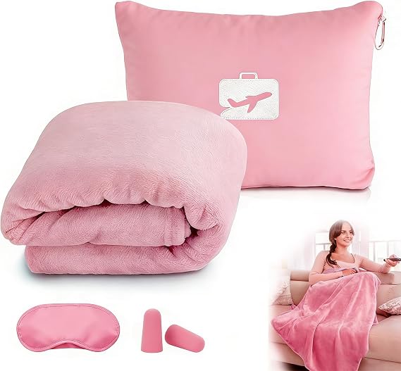 Travel Blanket and Pillow with Eye Mask and Ear Plugs(Pink)