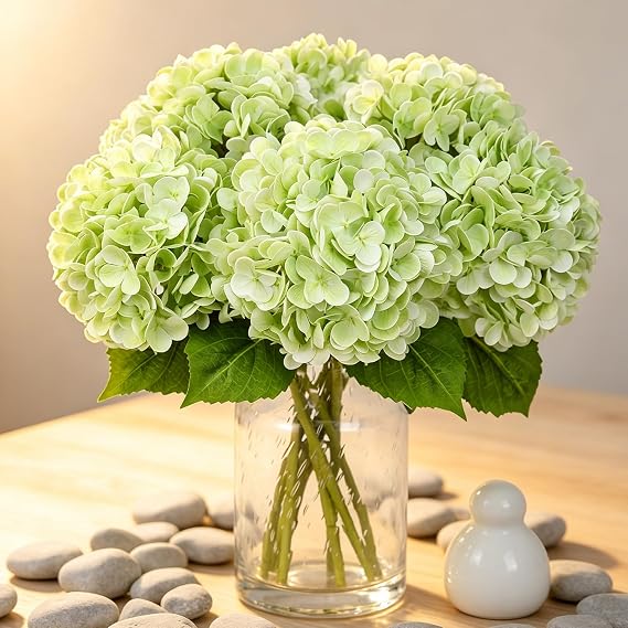 Kisflower 3 x Hydrangea Artificial Flowers Single Stem Realistic Hydrangea Flowers 57 cm Real Touch Latex Hydrangea Artificial Flowers for Weddings Party Office Home Decor (Light Green)