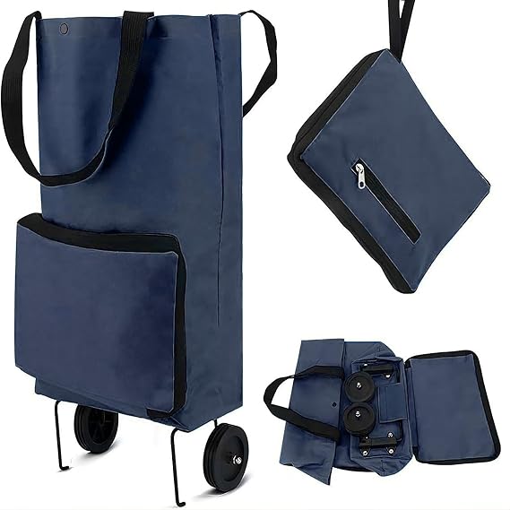 Folding shopping cart, supermarket trolley with two lightweight folding wheels,Oxford cloth bag reusable folding bag large capacity ultra-light handbag travel camping home essential artifact,Navy Blue