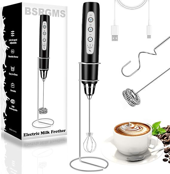 Milk Frother Wand Rechargeable Handheld Whisk Coffee 3 Speed Adjustable