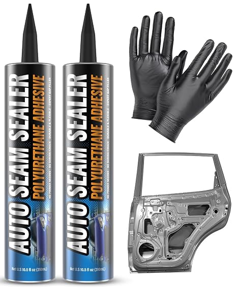 White [2 Pack] Professional Automotive Seam Sealer, Paintable Quick-Set Polyurethane Auto Body Seam Sealer for Metal Surfaces of Cars, Trucks, Etc, Includes Gloves & Tip - White RV Roof Sealant