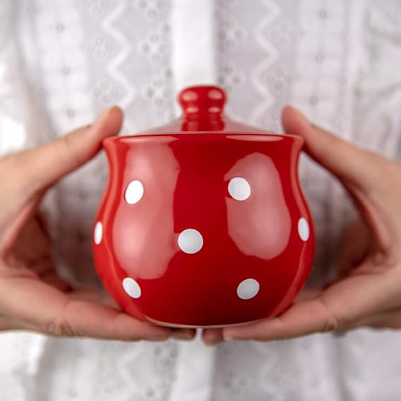 City to Cottage Ceramic Sugar Bowl with Lid, 10oz Sugar Contanier for Coffee Bar, Sugar Dispenser Bowl, Salt - Condiment Pot for Kitchen Counter, Handcrafted Red Polka Dot Sugar Jar