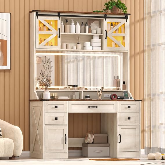 Farmhouse Makeup Vanity Desk with Mirror and Lights, LED Cabinet, Tall