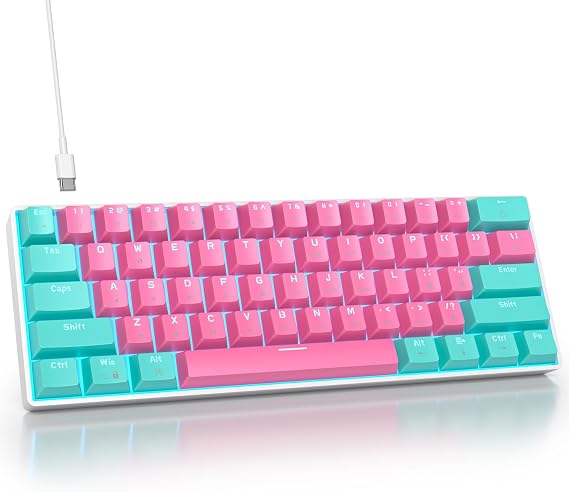 60% Mechanical Gaming Keyboard with Red Switch, American QWERTY Layout, Mini Compact Wired Keyboard, pbt keycaps 61 Miami