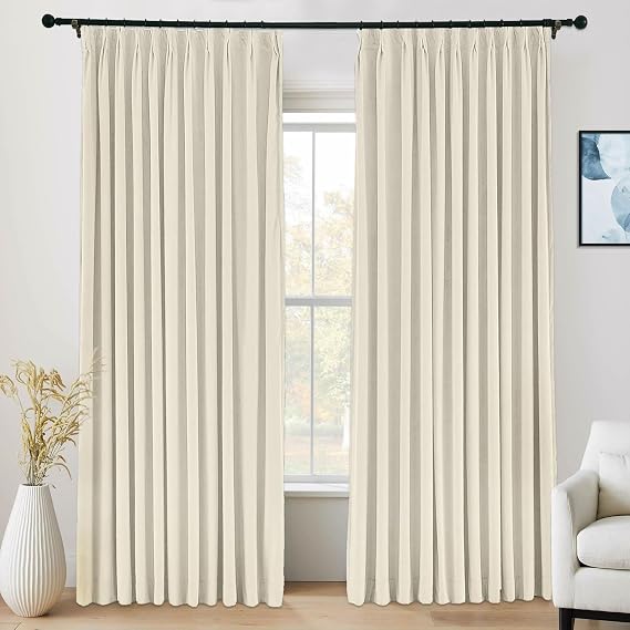 Luxury Velvet Pleated Curtain 90 inches Long, Thermal Insulated Pinch Pleated Window Panels for Patio Sliding Glass Door, 60W x 90L, Ivory, 1 Panel
