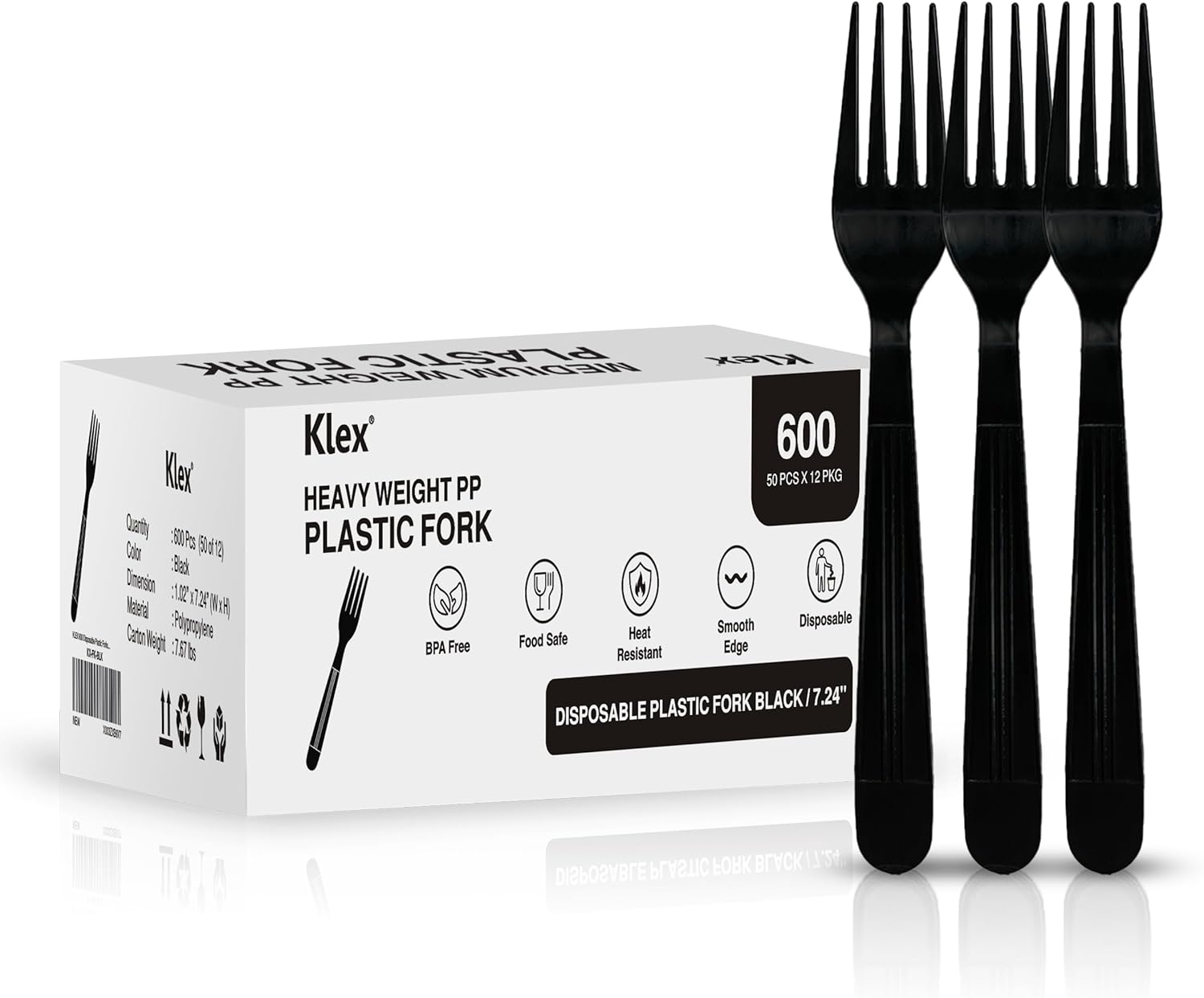Klex 600 Disposable Plastic Forks Heavy Weight with Heat Resistant, BPA Free Durable Fork Bulk, 7.24, Black, 600 Count