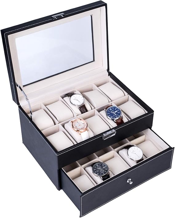 lapday Watch Box, High-Grade Leather Watch Collection Storage Display Case with Glass Display for Men & Women (20 Slot)
