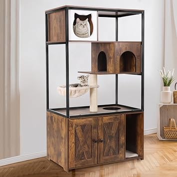 Cat Litter Box Enclosure, Wooden Cat Tree with Hidden Litter Box Enclosure, Indoor Cat House with Condo, Hammock Scratching Mat and Storage Shelves (Brown, Large)