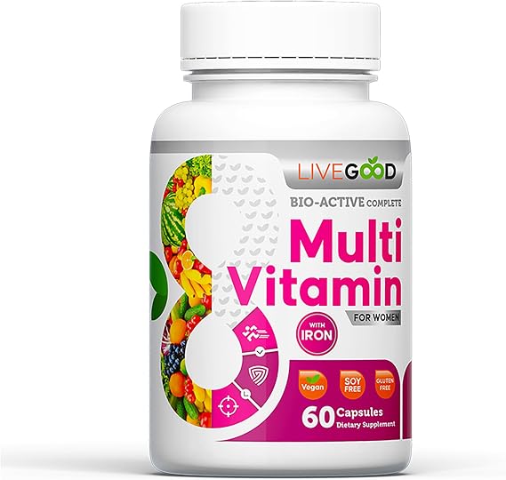 LIVEGOOD Bio-Active Complete Multivitamin for Women with Iron, Daily Womens Multi with 24 Essential Vitamins and Minerals for Energy, Immunity and Bone Support, Complete Formula (60 Capsules)
