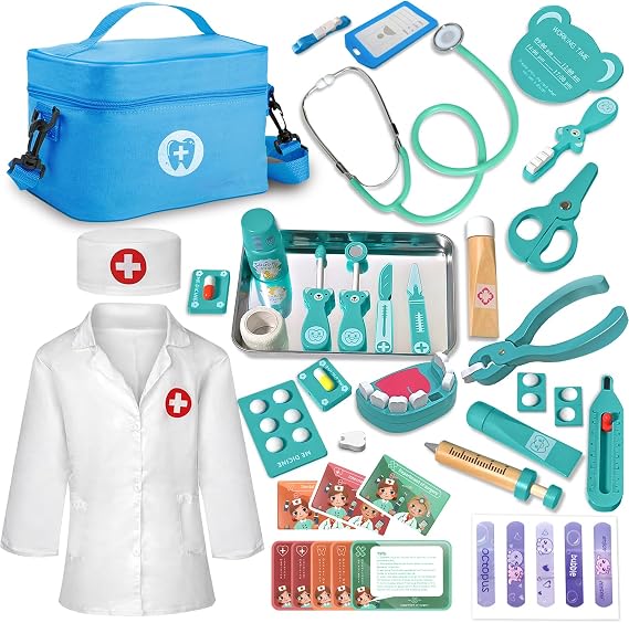 Kids Dentist Play Set, 48 Pcs Doctor Kit for Toddlers 3-5, Pretend Playset for Toddlers with Medical Bag, Stethoscope and Removable Teeth, Educational Wooden Medical Kit for Boys Girls