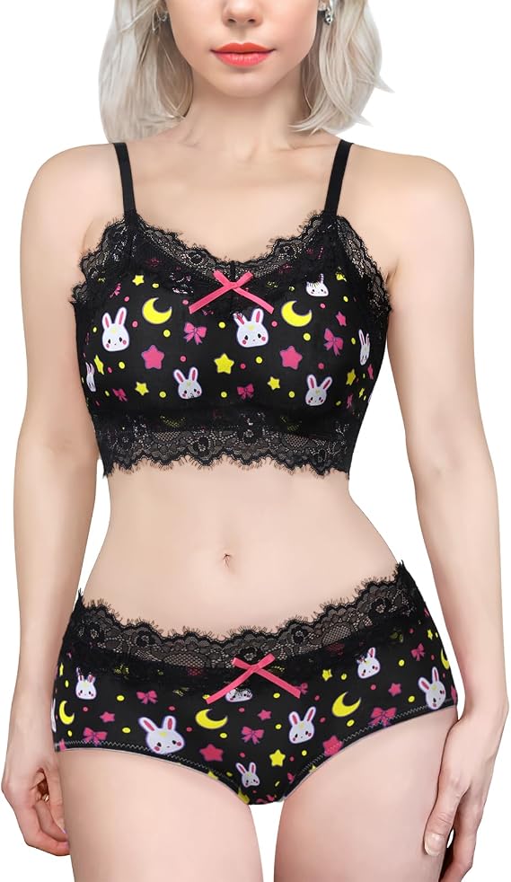 Littleforbig Lacy Trim Women Nightwear Strap Sleepwear Cami Top Shorts Lingerie bralette loungewear Set - Sweet Usagi