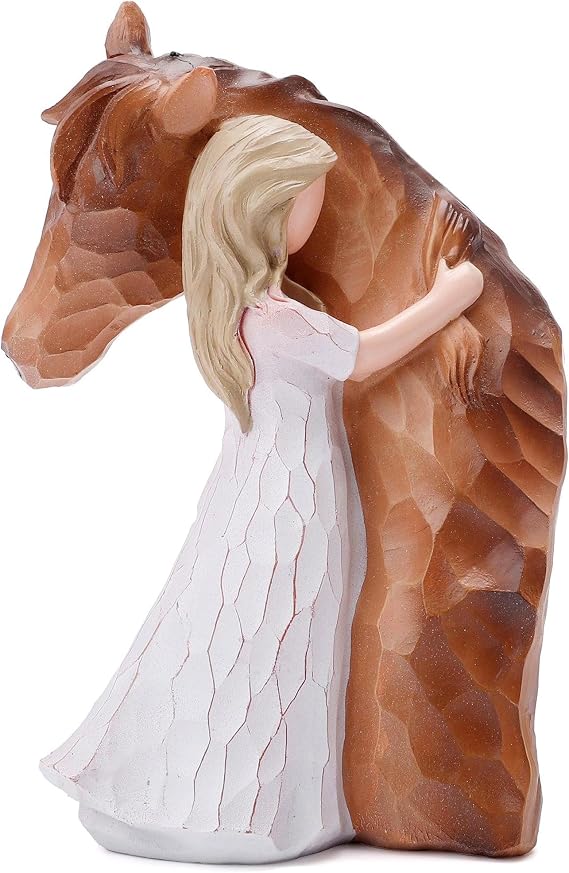Girl Embracing Horses Statues, Hand-Painted Figurines Horse Gifts for Women, Memorial Figure Cowgirls Presents