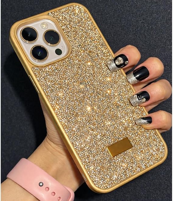 Coverzone iPhone 15 Plus ile Uyumlu Elmas Desen Taşlı Kılıf – 2 mm Kamera Çıkıntı Koruma, Işıltılı Lüks Şık Darbe Emici Kapak Gold