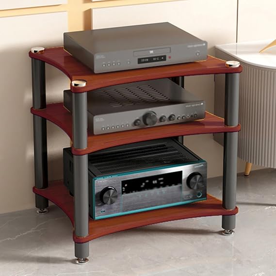 3/4-tierAV Media Stand Corner Shelf Modern Audio-Video Media Stand AV Cabinet Media Storage Cabinet Entertainment Stereo Components Shelves for Living, Gaming, Recording Roomm(Reddish brown,60x48x62cm