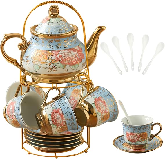 20Pcs Porcelain Tea Set for Adults, European Ceramic Tea Set Flower Ceramic Tea Cups, Teapot, Saucers with Metal Holder for Women Tea Party (Blue)
