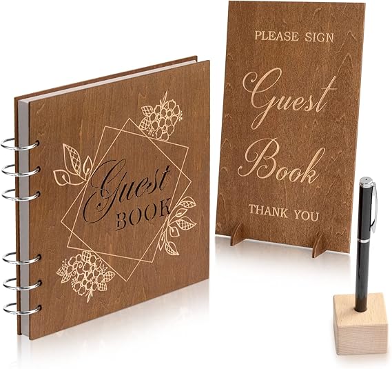 Creawoo Wooden Wedding Guest Book Reception Sign in Photo Album with Table Sign, Pen & Holder, Hardcover Memory Registry Guestbook with 90 White Pages for Baby Shower, Birthday, Bridal Shower, Wedding
