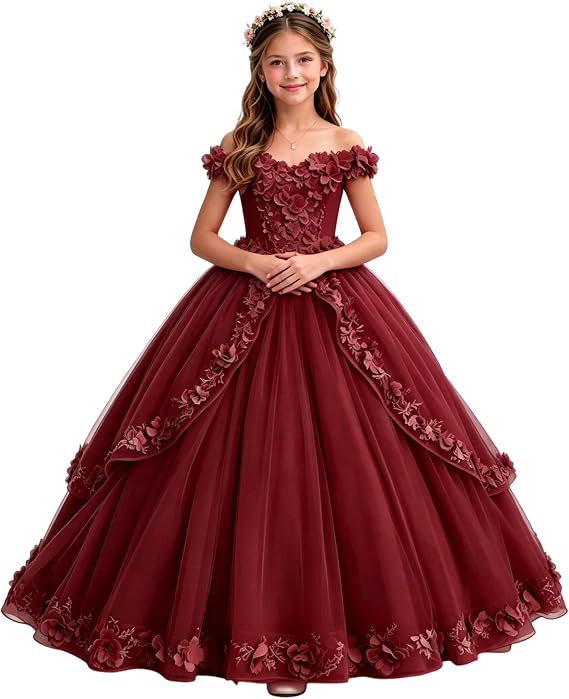 Tulle Flower Girl Dress Off Shoulder Pageant Dresses for Girls Floral Appliques Party Ball Gown Dress for Girls