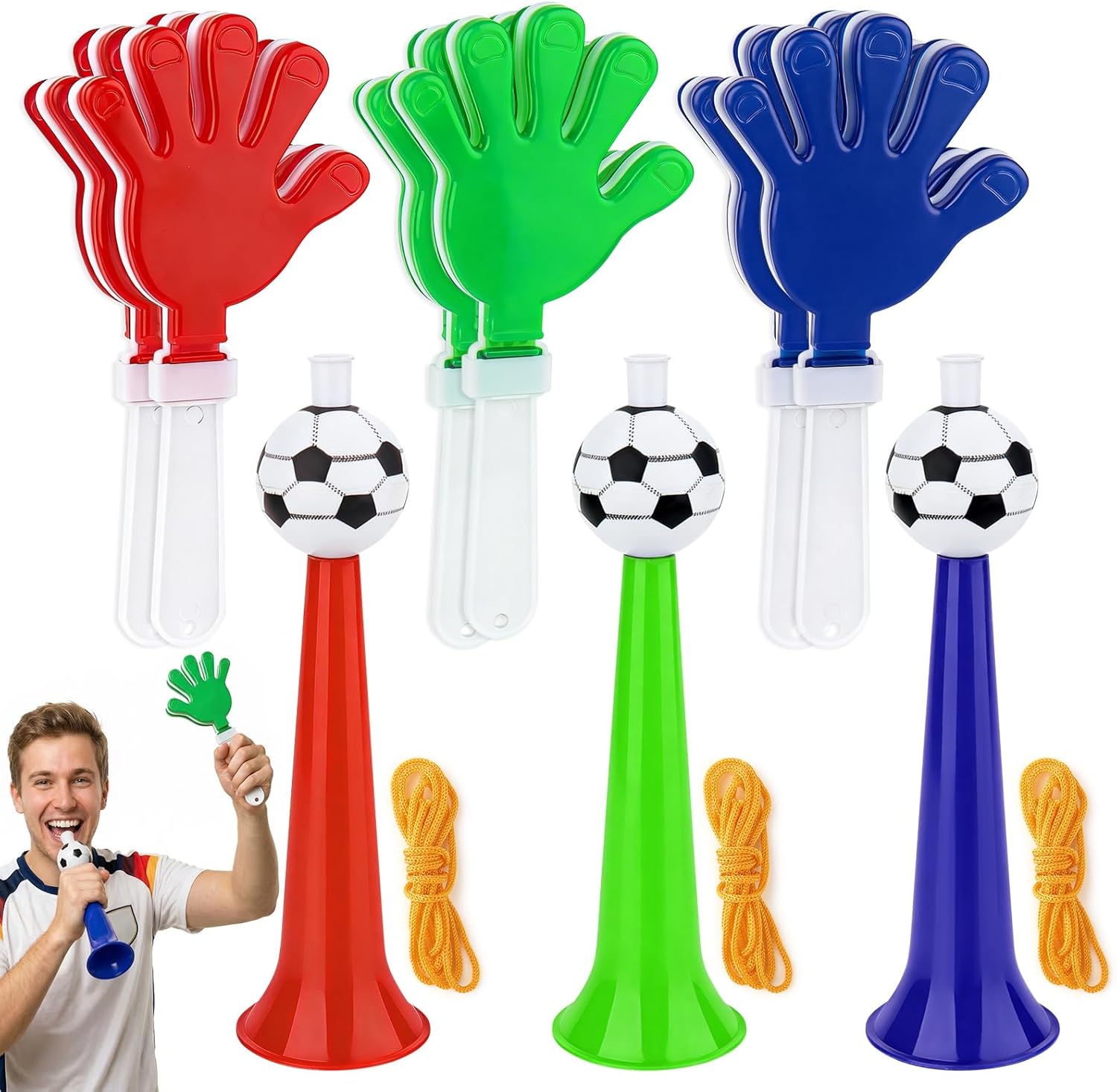 3 Pcs Horn Noise Maker with 6 Pcs Hand Clappers, Football Horns, Fan Cheering Horns for Fan Party Favors Soccer Football Party Stadium Carnival Sports Games World Cup