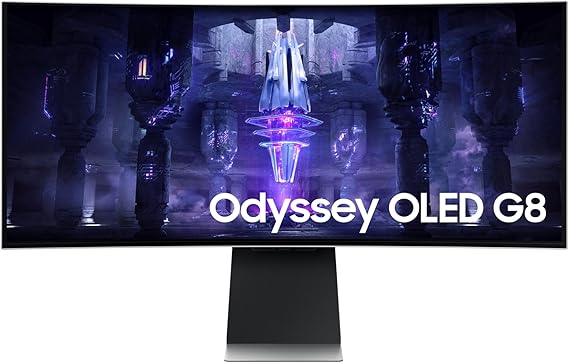 Samsung Odyssey OLED G8 (G85SB) 34-Inch Curved UltraWide Gaming Monitor, 175Hz, 0.1ms, UWQHD, VESA DisplayHDR True Black 400, Smart TV Apps, HDMI 2.1, Silver (LS34BG850SUXXU)