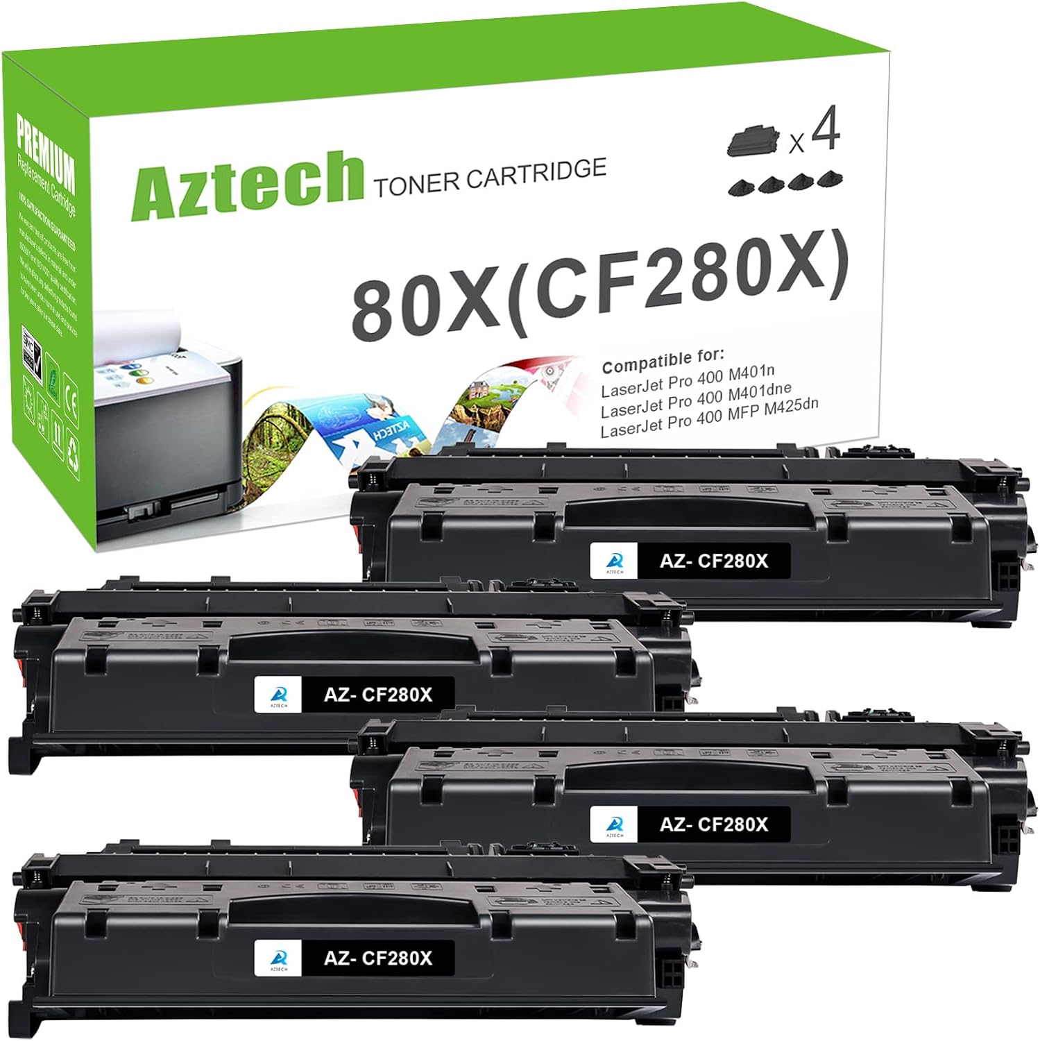 Aztech Compatible Toner Cartridge Replacement for HP 80X CF280X 80A CF280A for HP Pro 400 M401A M401D M401N M401DNE MFP M425DN Printer Ink Black, 4-Pack