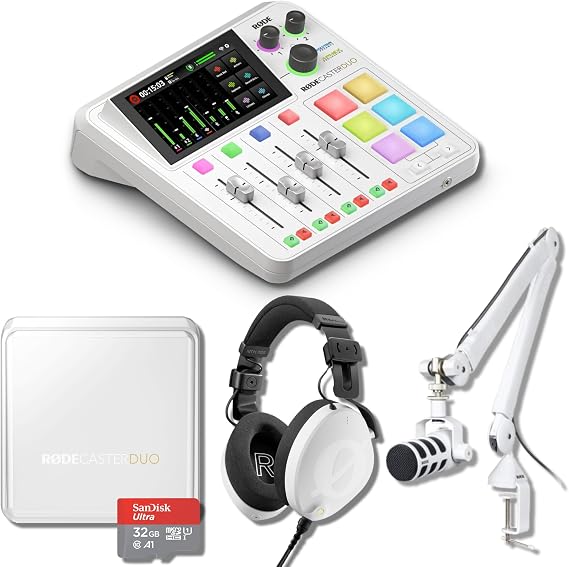 Rode RODECaster Duo (White) with White-out Rode Podmic Dynamic Podcast Microphone, PSA1+ Boom Arm, NTH-100 Studio Headphones, RODECaster Duo Cover, SD Card and XLR Cable