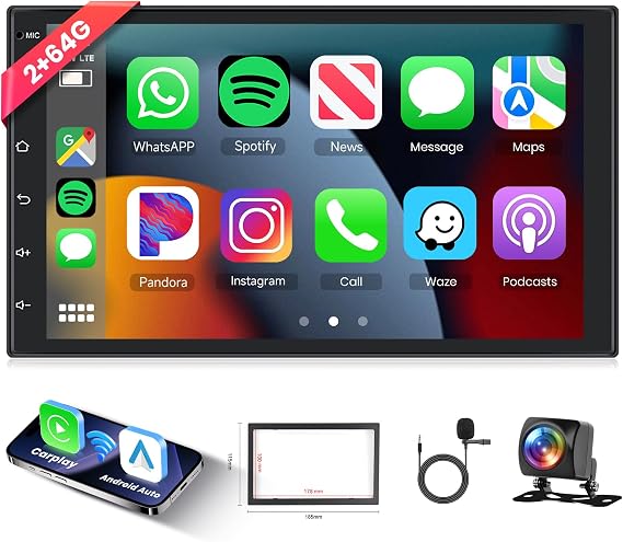 Hodozzy 2GB+64GB Car Stereo Double Din mit GPS Navi Android mit Wireless Carplay, Android Auto, 7 Inch Touchscreen 1080P Screen Car Radio Stereo, Bluetooth, Hifi, FM/RDS, Wifi, AHD Camera, USB 2 Din