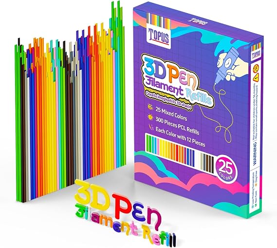 Topus 300pcs 3D Pen Filament Refills for 3Doodler Start+ Pens, 25 Colors, 3D Filament Bundle, 3D Pen Refill Sticks, 12 x 15cm Low Printing Temperature PCL Filament 2.5mm Thickness