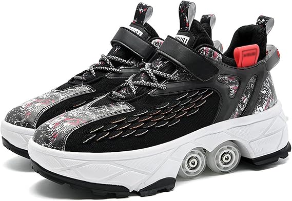 Roller Skates Outdoor,Parkour Shoes with Wheels, Kick Rollers Shoes Retractable Adults/Kids,Quad Roller Skates,Unisex Skating Shoes Recreation Sneakers,Black-36