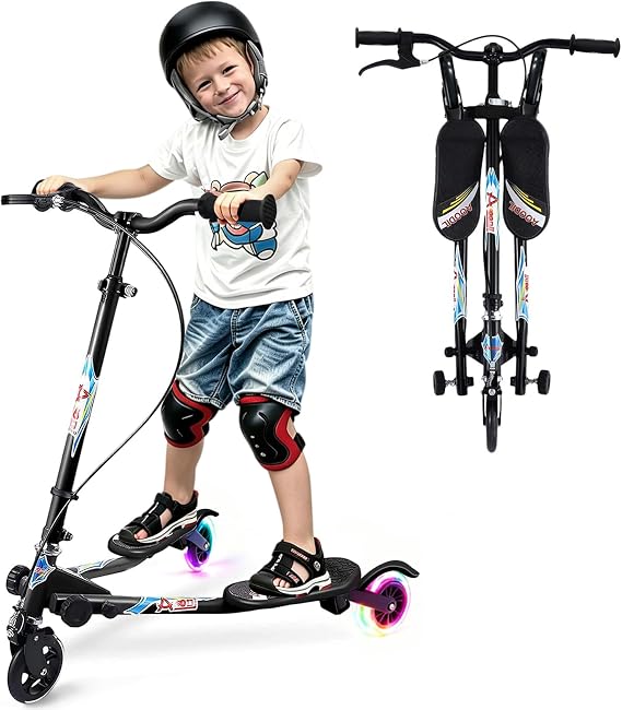 Swing Scooter for Kids, 3 Wheels Foldable Wiggle Kick Scooter Push Drifting with 4 Adjustable Handlebar & 2 Rear LED Wheel for Boys and Girls Ages 3-8