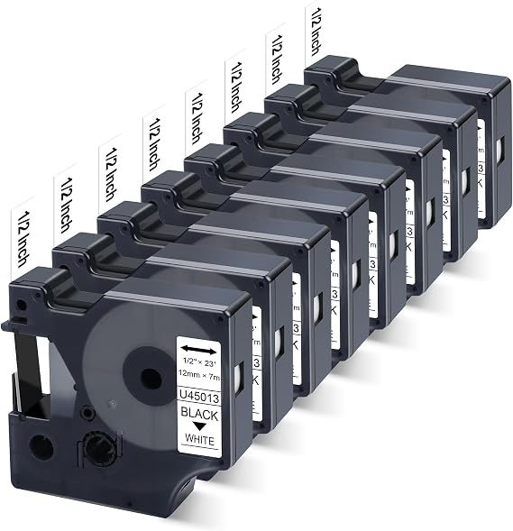 8X Replace for Dymo D1 Label Maker Refills 45013 for Dymo D1 Label Tape A45013 S0720530 Black on White Compatible with LabelManager 160 280 210D 360D 420P PnP Labeler, 1/2 Inch x 23 Feet