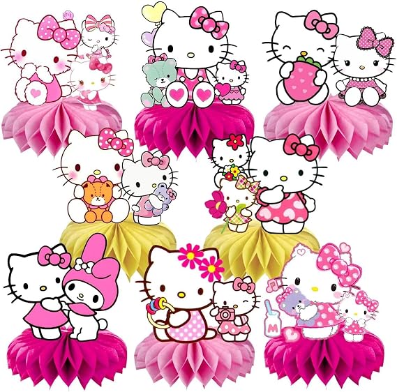 8 Pcs Cute Cat Birthday Decorations, Cute Honeycomb Centerpieces for Birthday Party, Double sided Table Decorations Party Supplies