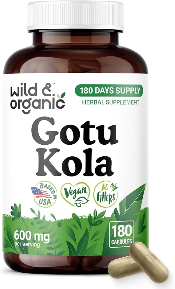 Wild & Organic Gotu Kola Capsules 600 mg - Brain Support - 180 Count | Gotu Kola Supplement - Centella Asiatica Powder - 180 Days of Supply - Vegan, No Fillers, No Artificial Additives