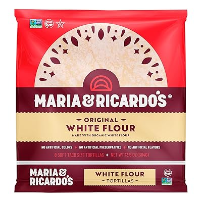 Maria & Ricardos White Flour Tortillas. 3 Pack Non GMO PV, Vegan, Kosher. Made with Organic Ingredients. 8 Tortillas per Pack