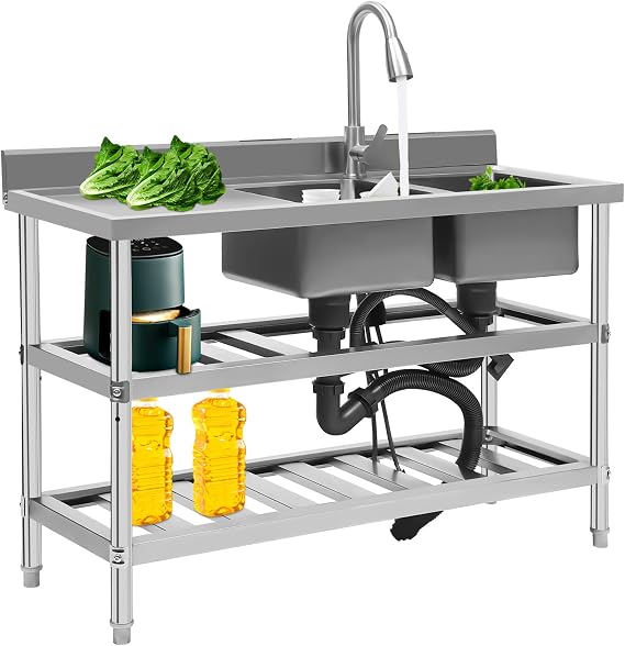 3 Tier Commercial Sink, 201 Stainless Steel Sink With 2 Washing Hand Basins&Drain Pipe&Faucet Indoor Floor Standing Sink for Kitchen Hotel Restaurant Storage Shelves