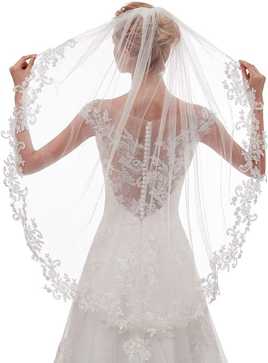 EllieHouse Womens Short Fingertip Length 1 Tier Lace Wedding Bridal Veil with Metal Comb L68