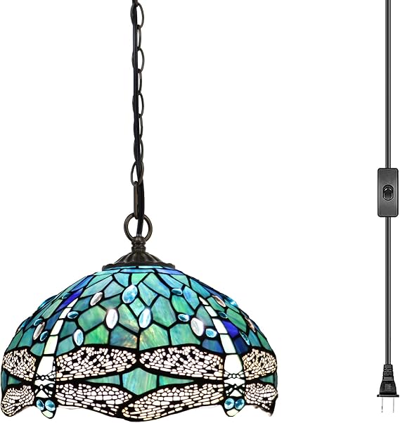 Tiffany Pendant Light Plug in, 12 inches Stained Glass Hanging Lamp, 39 Inch Chain, 15 Feet Cord Living Room Bedroom Kitchen Dining Room Office (Sea Blue Dragonfly Style)