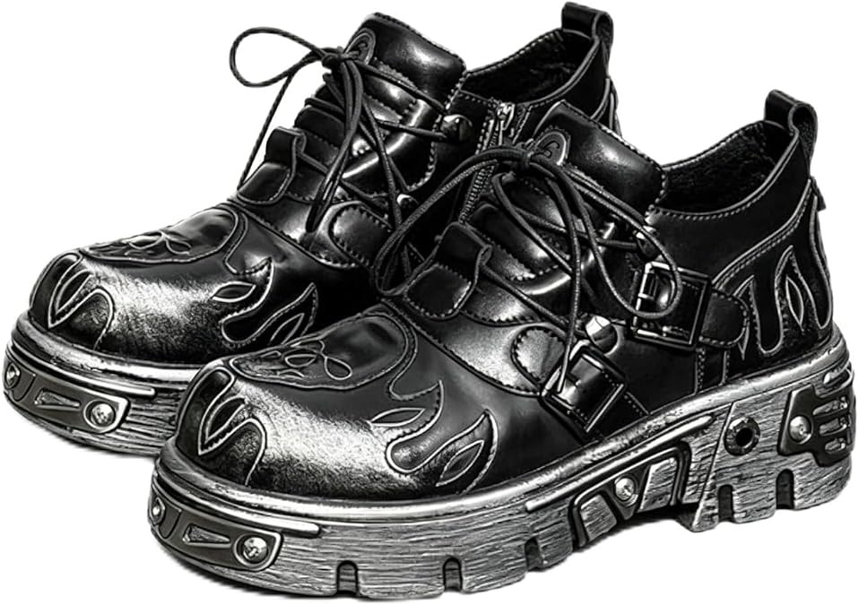 Men's Washed Leather Platform Sneakers Lace Up Round Toe Chunky Heel Skull Embroidery Footwear for Party Streetwear Punk Goth Casual