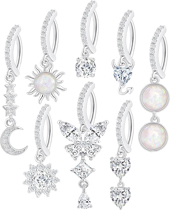 Tornito 8Pcs 14G Clicker Belly Button Ring Stainless Steel Moon Butterfly Devil Opal CZ Evil Eye Snake Dangle Navel Ring Body Piercing Jewelry for Women Silver Tone